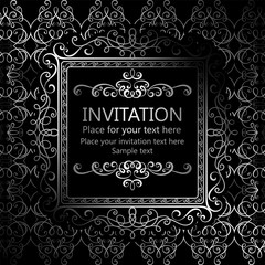 Abstract background with calligraphic luxury silver flourishes and vintage frame, victorian banner,wallpaper ornaments, invitation card, baroque style booklet, fashion pattern, template for design.