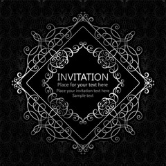 Abstract background with calligraphic luxury silver flourishes and vintage frame, victorian banner,wallpaper ornaments, invitation card, baroque style booklet, fashion pattern, template for design.