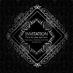 Abstract background with calligraphic luxury silver flourishes and vintage frame, victorian banner,wallpaper ornaments, invitation card, baroque style booklet, fashion pattern, template for design.