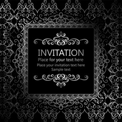 Abstract background with calligraphic luxury silver flourishes and vintage frame, victorian banner,wallpaper ornaments, invitation card, baroque style booklet, fashion pattern, template for design.