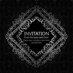 Abstract background with calligraphic luxury silver flourishes and vintage frame, victorian banner,wallpaper ornaments, invitation card, baroque style booklet, fashion pattern, template for design.