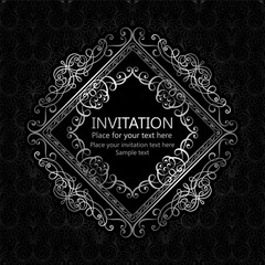 Abstract background with calligraphic luxury silver flourishes and vintage frame, victorian banner,wallpaper ornaments, invitation card, baroque style booklet, fashion pattern, template for design.