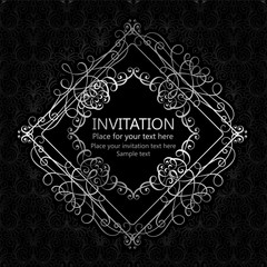 Abstract background with calligraphic luxury silver flourishes and vintage frame, victorian banner,wallpaper ornaments, invitation card, baroque style booklet, fashion pattern, template for design.