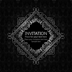 Abstract background with calligraphic luxury silver flourishes and vintage frame, victorian banner,wallpaper ornaments, invitation card, baroque style booklet, fashion pattern, template for design.