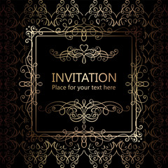 Abstract background with calligraphic luxury gold flourishes and vintage frame, victorian banner,wallpaper ornaments, invitation card, baroque style booklet, fashion pattern, template for design.