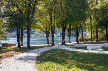 Autumn Park on the shore of lake Millstaetter (Millstatt lake). Town of Seeboden, state of Carinthia, Austria