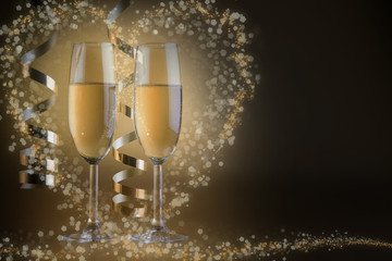 Two champagne glasses, on golden bokeh background
