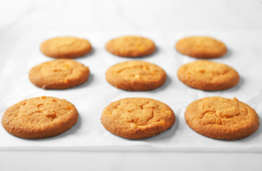 Delicious oatmeal cookies on table, close up