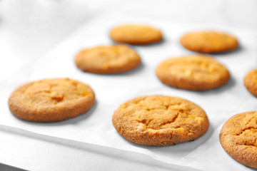 Delicious oatmeal cookies on table, close up