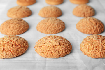 Delicious oatmeal cookies on table, close up