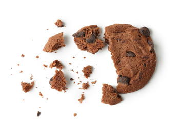 Delicious oatmeal cookie with chocolate chips on white background