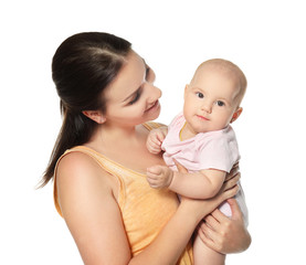 Happy young woman with cute baby on white background