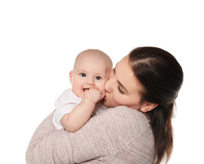Happy young woman with cute baby on white background