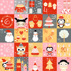 Vector advent calendar for Christmas with numbers and cute winter themed drawings in red, gold and grey colors