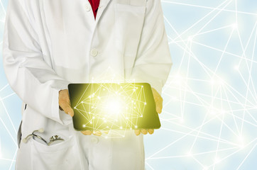 Innovative technologies in science and medical concept. crop image practitioner holding tablet with connection line and abstract background