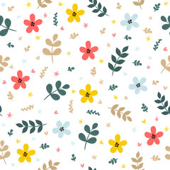 Cute floral seamless pattern with leaves, branches and flowers. Spring background. Elegant template for fashion prints