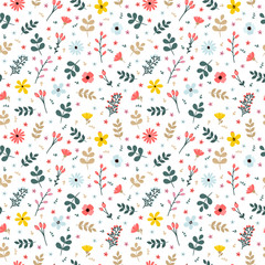 Floral seamless pattern with branches, flowers and leaves. Cute spring floral background for your design