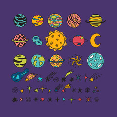 Hand drawn planets, stars, asteroids and other space objects. Sketch set of space elements and symbols. Cute doodle style. Universe, galaxy
