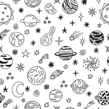 Cute hand drawn childish background. Cartoon galaxy with comets, asteroids, stars and planets. Doodle space seamless pattern. Cosmic objects set