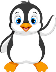 Obraz premium Ilustracja wektorowa kreskówka pingwina słodkie dziecko macha na białym tle