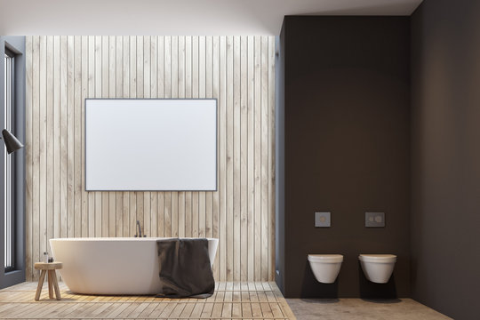Black and wooden bathroom, poster and tub