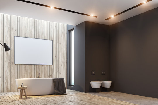 Black and wooden bathroom, poster and tub side