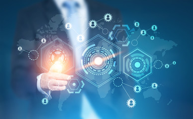 Fototapeta premium Glowing finger businessman, HUD network