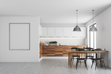 White dining room, poster, wood countertops