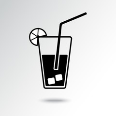 Glass of juice with straw, ice and shadow. Black and white icon. Vector illustration