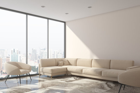 White living room, white sofa, loft side
