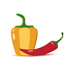 Yellow bell pepper and red pepper chilli with shadow. Vector illustration