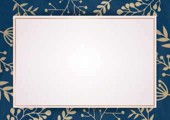 Elegant blue invitation card background with golden florals border