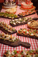 Many different snacks on beautiful boards