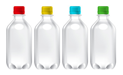Colourful 4 in 1 Realistic juice mineral beverage bottle mock-up template image series. Small water bottle packaging mock-up. Isolated.