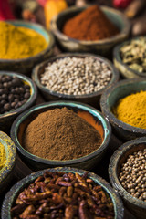 Wooden table of colorful spices