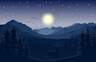 Obraz premium Mountain landscape with deer and forest at night