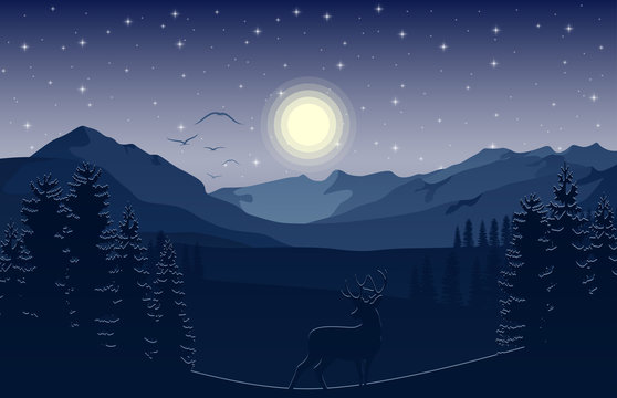 Mountain landscape with deer and forest at night