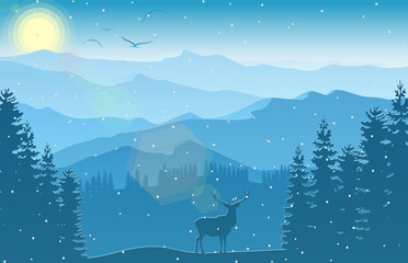 Winter mountain landscape with deer and forest at falling snow