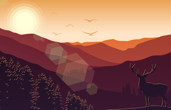 Mountain landscape with deer and forest at sunset