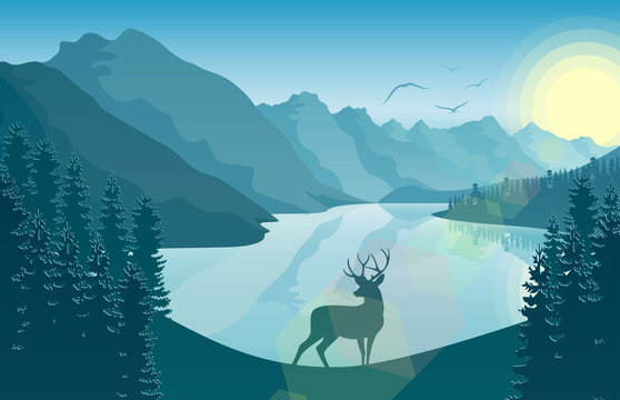 Mountain landscape with deer in a forest and lake at sunrise