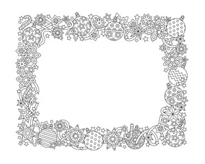 New year hand drawn horizontal frame, zentangle inspired style isolated on white background. Doodle snowflakes, fir-tree balls, ribbon decorative border. Coloring book for adult. - 179365829