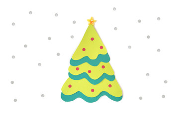 Christmas tree and snow paper cut on white background - isolated