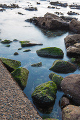 Green moss rocks on the calm water.