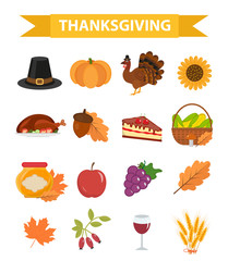 Happy Thanksgiving Day icon set, flat, cartoon style. Harvest festival collection design elements with turkey, pumpkin, pilgrim hat, pie, vegetables, fruits. Autumn holiday season. Vector illustration