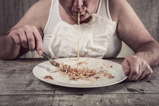 Man Eating Spaghetti, Overeating Adult.