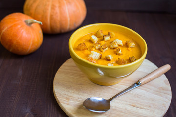 Delicious and healthy pumpkin soup. Vegetarian food.
