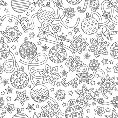 New year hand drawn outline festive seamless pattern with snowflakes, christmas balls and stars isolated on white background. coloring antistress book for adult.