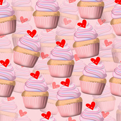 Vecror and illustration seamless pattern of pink pastel color hand drawing and painting cupcake on pink color background
