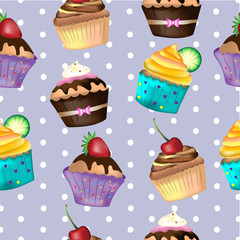 Vector and illustration seamless pattern of chocolate, lemon, vanilla and coffee cupcake with whipping cream frosting on sweet pastel blue with white color dots background