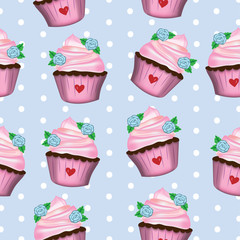 Vintage style vector and illustration seamless pattern with frosting cream pink color cupcake on pastel blue with white dot background